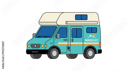 Turquoise camper van with "Wanderlust" text and mountain graphic, isolated on white