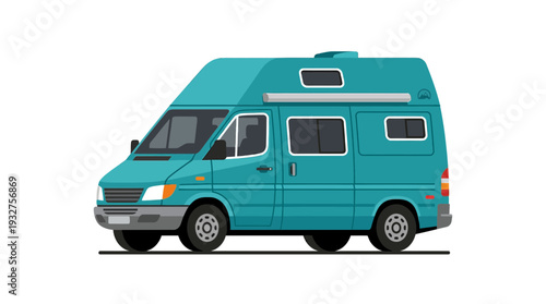 Turquoise camper van, recreational vehicle, isolated on white background