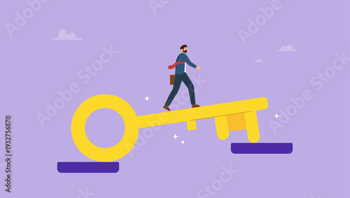 Businessman using key instead of bridge and pass  over abyss symbolizing success and right solutions. Solution to problem solving. Business, right decision, plan, success, good work concept.