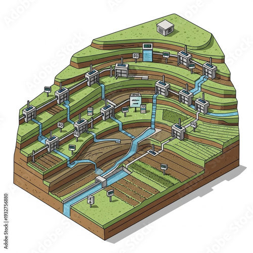 Isometric illustration of a hydroelectric power plant with water flowing through turbines.