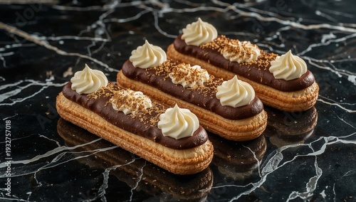 Chocolate eclairs with whipped cream topping on marble table dessert pastry french bakery gourmet treat sweet