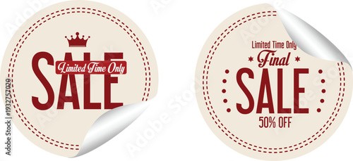 Sticker sale labels with red text and crown