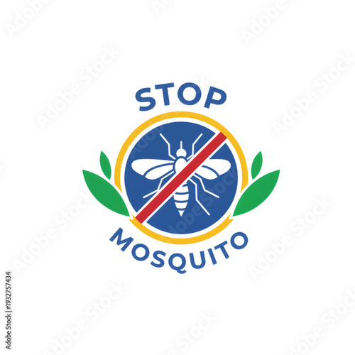 Stop mosquito vector graphic with leaves and warning symbol  