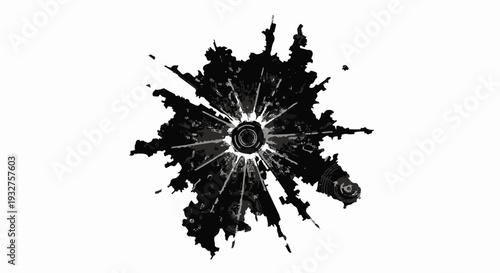 Abstract black ink splash with radiating lines, resembling an explosion or starburst on white background