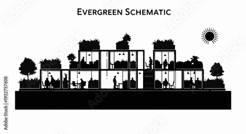 Cross-section of a modern sustainable building with people working and lush greenery.