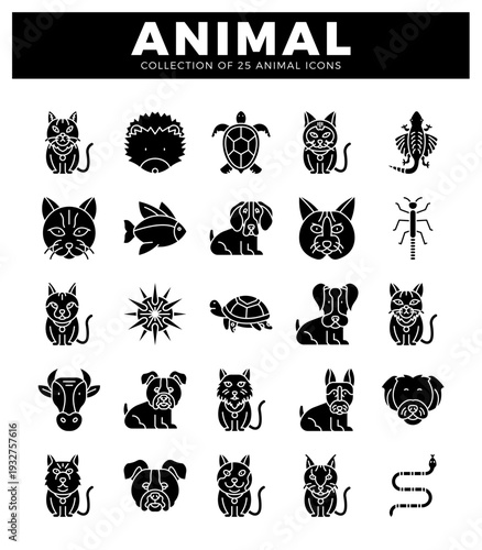 diverse animal icons on a white background. showcasing various mammals. reptiles. and insects in a graphic illustration style.