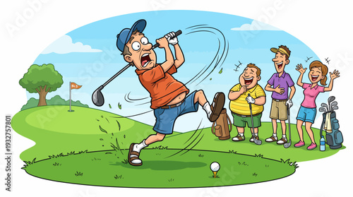 Funny Cartoon Golf Scene with Amateur Golfer Swinging and Friends Laughing