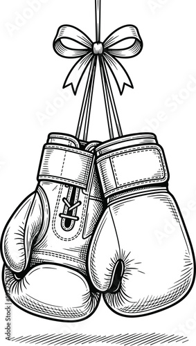 Black and white detailed vector illustration of vintage boxing gloves hanging by laces with bow symbolizing strength sport training retro athletic artwork design