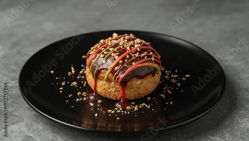 Gourmet choux pastry with chocolate glaze, colorful drizzle, and crushed nuts on black plate, modern dessert presentation