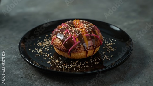 Gourmet doughnut with chocolate glaze, fruit drizzle, and crushed nuts on black plate closeup on dark background