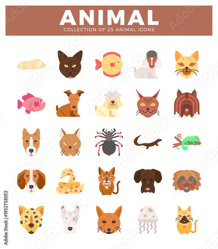 colorful animal icons. including dogs. cats. fish. spider. lizard. and jellyfish.