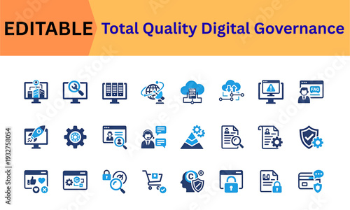 Digital governance and enterprise resource management icon set. Online identity, customer feedback, shopping checkout, copyright protection, server monitoring
