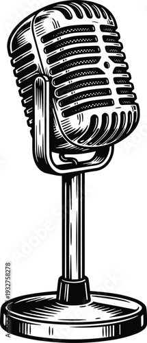 Black and white detailed vector illustration of vintage microphone with grill lines on stand symbolizing retro audio equipment radio broadcasting live performance artwork