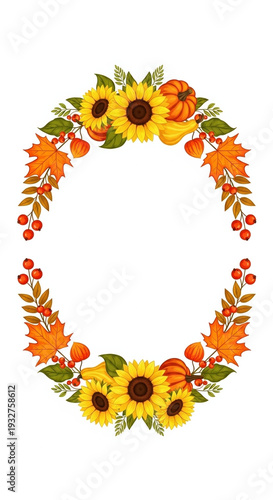 Autumn floral frame featuring sunflowers and orange leaves with a warm and inviting atmosphere, perfect for personal messages or postcards with copy space.