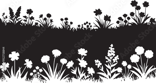 Flower meadow silhouette vector illustration, line art garden landscape