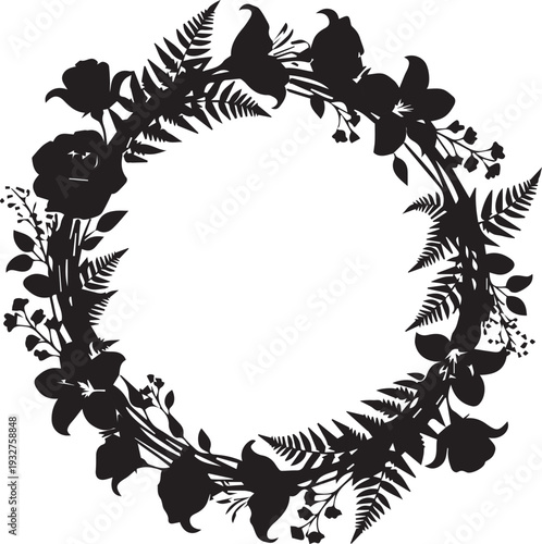 Floral wreath vector silhouette illustration with roses lilies and ferns for frame design