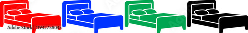 Set of double bed icons in red blue green and black colors isolated on transparent background vector
