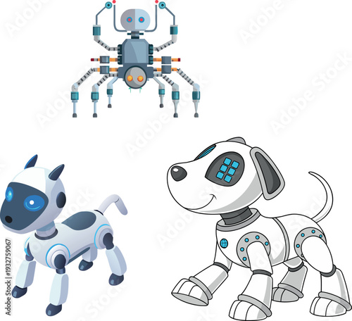 Cute Robot Dog Characters and Mechanical Spider Drone Illustration Set
