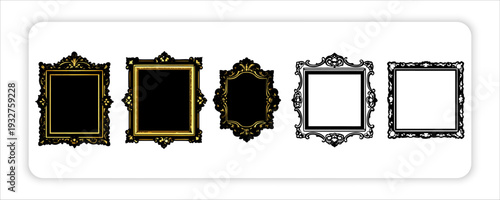 Vintage Picture Frames of Ornate Golden Picture Frames on White Background