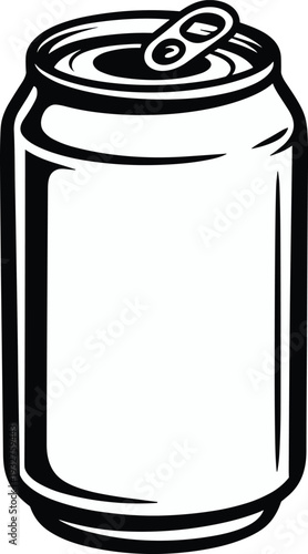 Black and white stylized vector illustration of soda can with pull tab and blank label symbolizing beverage packaging drink container consumer product artwork design
