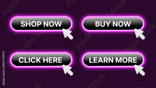 Neon Glow Call to Action Buttons Set with Mouse Cursor – Shop Now Buy Now Click Here Learn More Purple UI Web Banner Vector Illustration