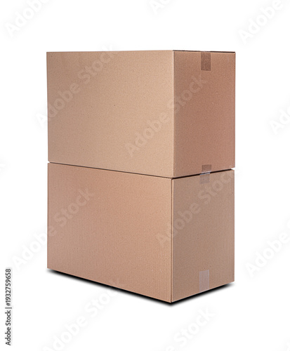 Two identical brown cardboard boxes are stacked vertically against a plain white background with a soft drop shadow.