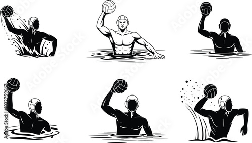 Black and white stylized vector illustration of water polo players in action poses holding ball splashing water symbolizing sport competition athletic teamwork artwork design