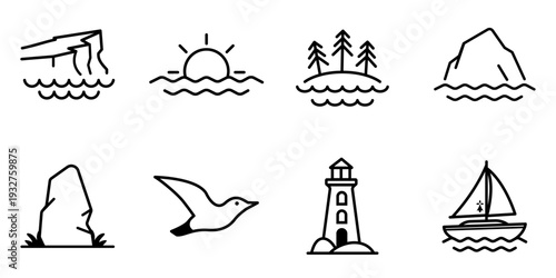 Collection d’icônes vectorielles minimalistes inspirées des paysages bretons : falaises, phare, voilier, coucher de soleil, rocher et mouette, en dessin au trait noir.