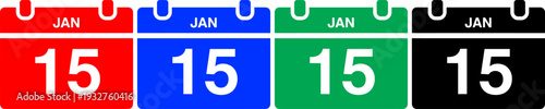 Set of calendar icons showing january 15th in red blue green and black colors