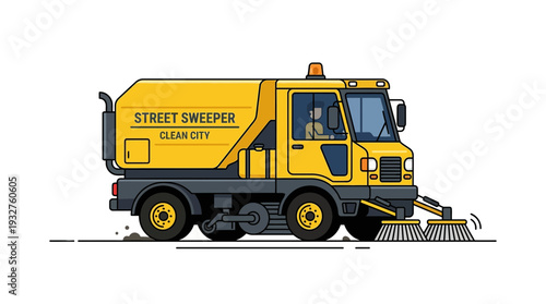 Yellow street sweeper truck cleaning road, flat design illustration