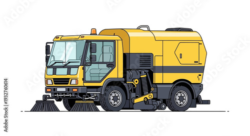 Yellow street sweeper truck illustration on white background