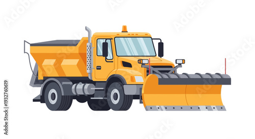 Yellow Snow Plow Truck with Salt Spreader, Winter Road Maintenance Vehicle