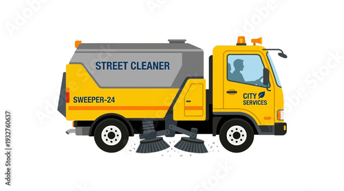 Yellow Street Sweeper Truck with Brushes Cleaning Road