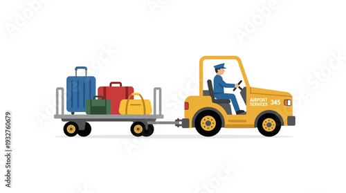 Airport worker driving baggage cart with luggage