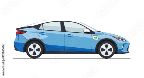 Blue electric hybrid car illustration on white background