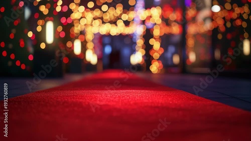 A festive atmosphere with a vibrant red carpet leading into the event, adorned with strings of colorful lights