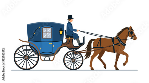 Horse drawn carriage with driver in top hat, blue ornate coach, vintage transport illustration