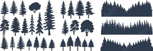 Black silhouette vector illustration of diverse trees and forest landscapes with pine fir deciduous vegetation strips symbolizing nature scenery outdoor wilderness artwork design