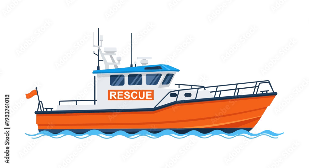 Naklejka premium Orange Rescue Boat on Wavy Water