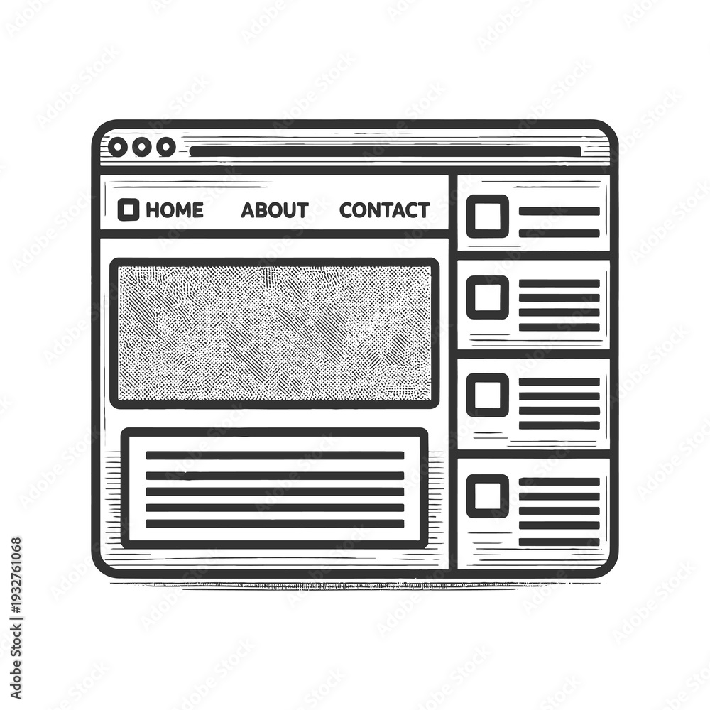 Fototapeta premium website layout wireframe with navigation menu and content blocks, web design, UI structure, and development sketch engraving generative ai raster illustration. Scratch board. Black and white.