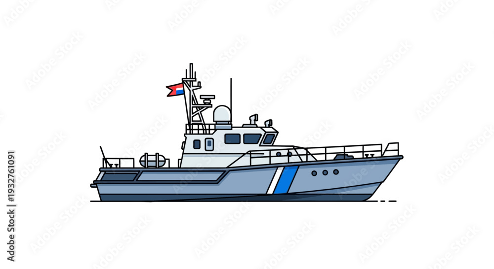 Fototapeta premium Patrol boat illustration with flag on white background