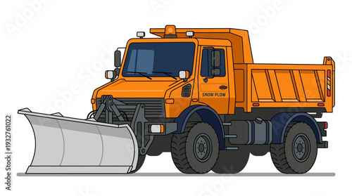 Orange snow plow truck with dump bed, isolated on white background