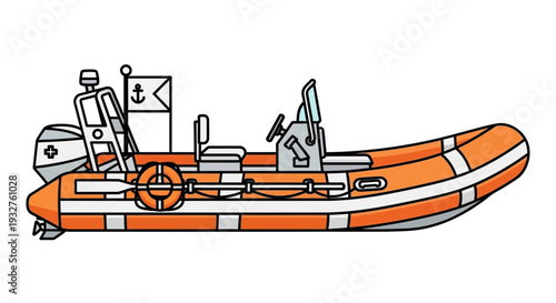 Orange Rigid Inflatable Boat with Outboard Motor and Flag