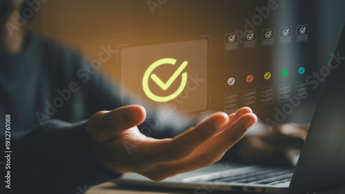 Business approval and compliance verification concept with digital checklist interface, Quality inspection, document validation, workflow management, regulatory compliance, and process control system.