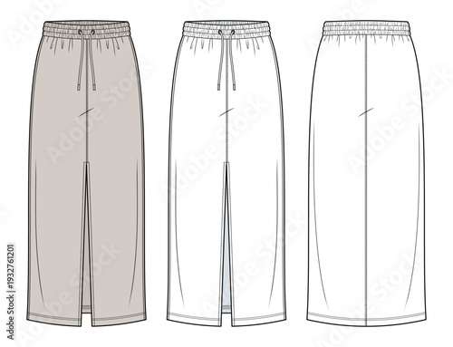 High-Slit Maxi Skirt technical fashion illustration. column skirt vector template illustration. front and back view. center front slit. drawstring waist. unisex. white color. CAD mockup.