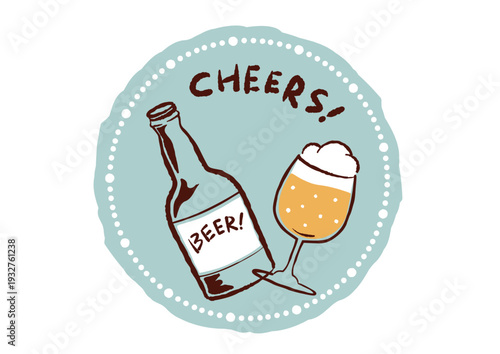 レトロな手描きタッチのビールのイラスト　丸フレーム　瓶とグラス