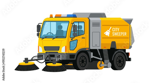 Yellow City Sweeper Truck with Brushes - Vector Illustration
