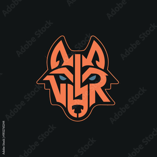 Logo graphic of wolf head formed by letters v, w, r and stylized eyes, orange outline and blue eyes on black background