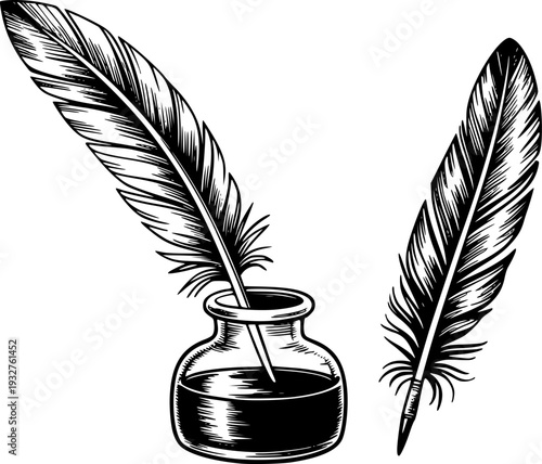 Vintage Quill Pen and Inkwell with Feather White Background for Writing and