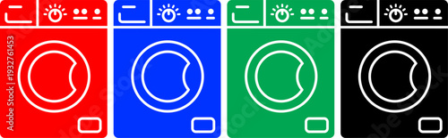 Washing machine icons in red blue green black colors front load laundry appliance on transparent grid